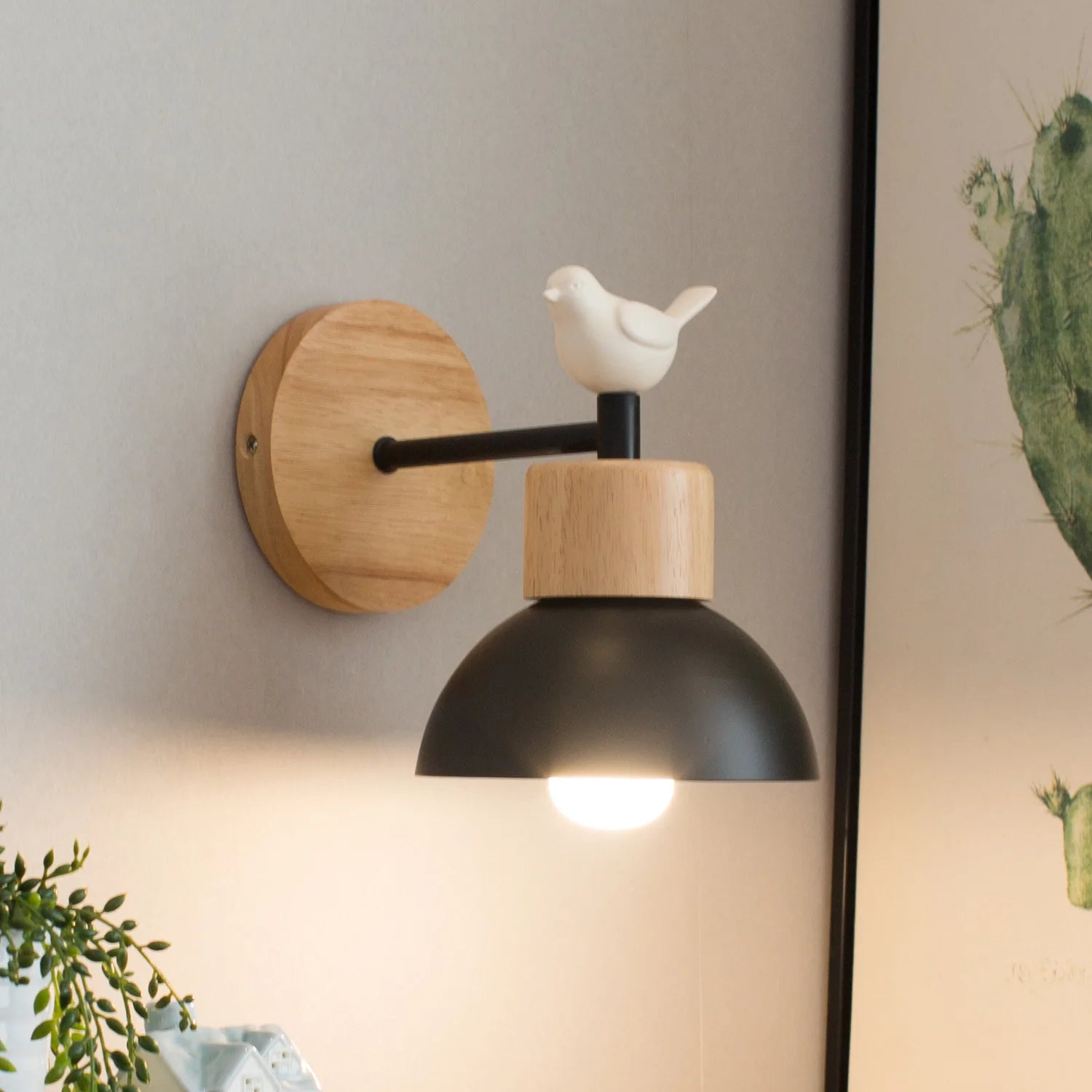 applique murale nordique en bois avec interrupteur décoratif oiseau - vue 4 sur 16