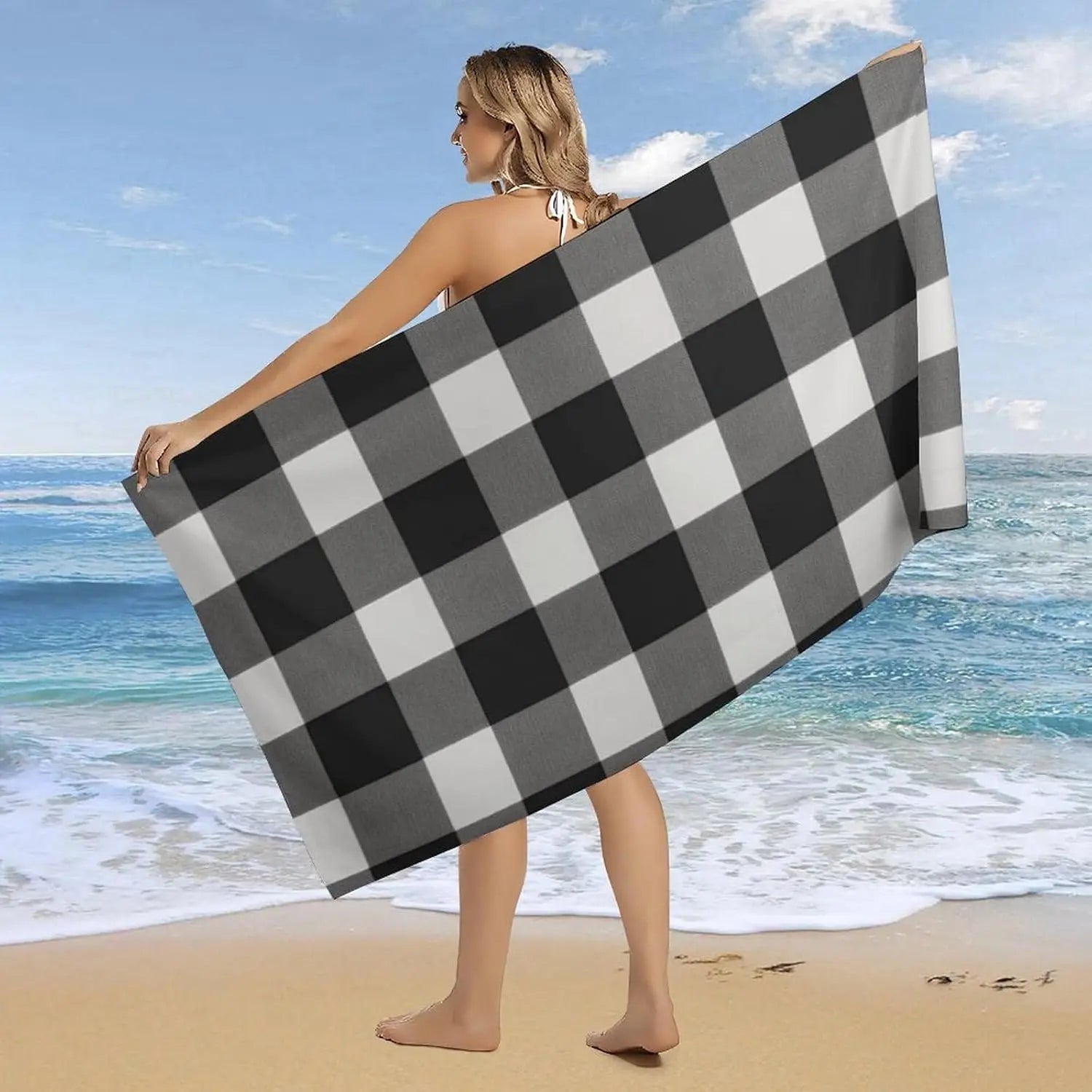 serviette de plage carreaux legere anti sable rapide - vue 4 sur 6