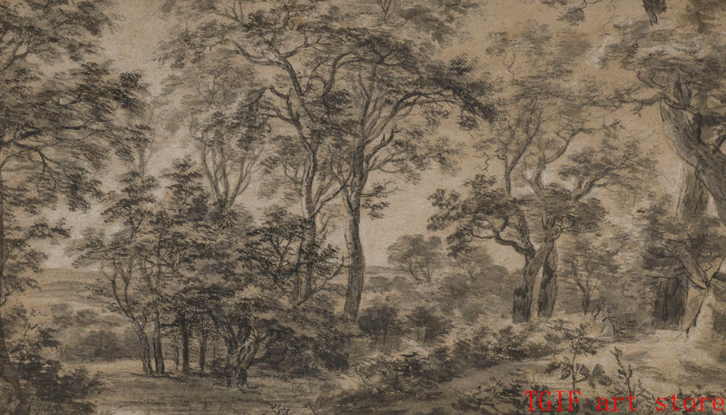 peinture vintage sur toile de paysage forestier neutre