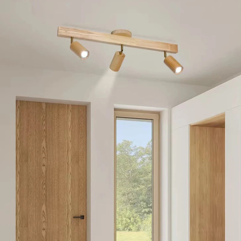 plafonnier led moderne en bois avec projecteur sur rail - vue 3 sur 10
