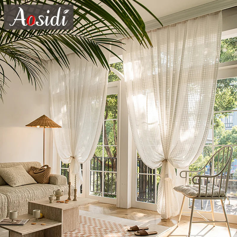 Voilage aspect lin a carreaux pour fenetre salon