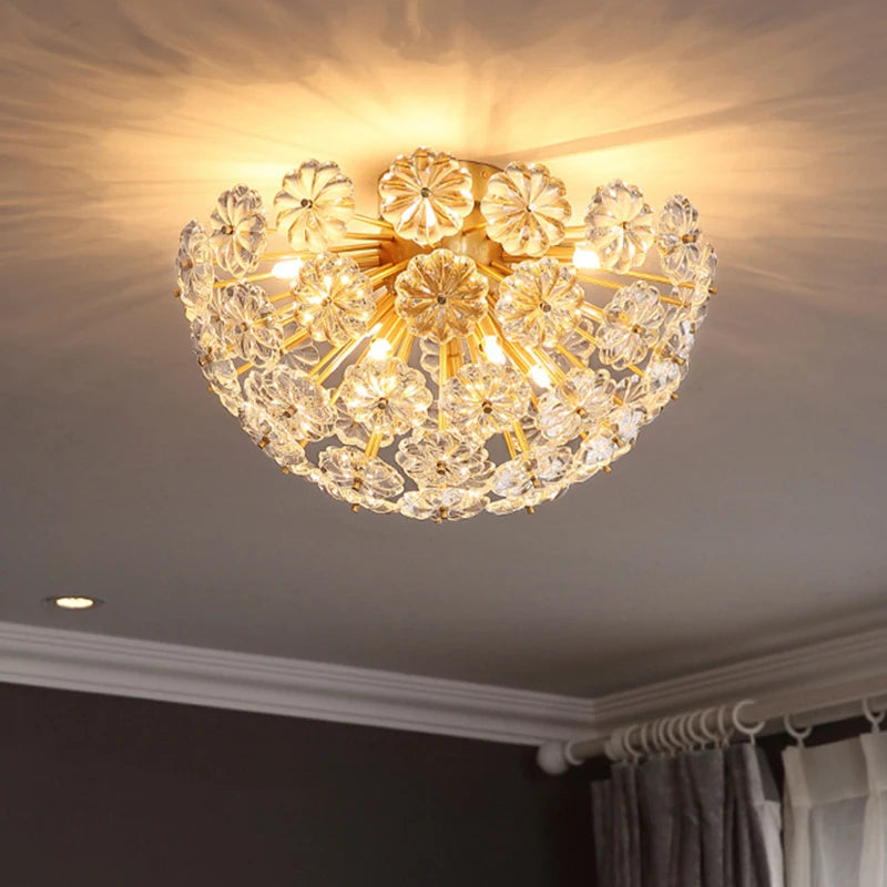 lustre suspendu en cuivre avec cristaux de pissenlit rond - vue 6 sur 12