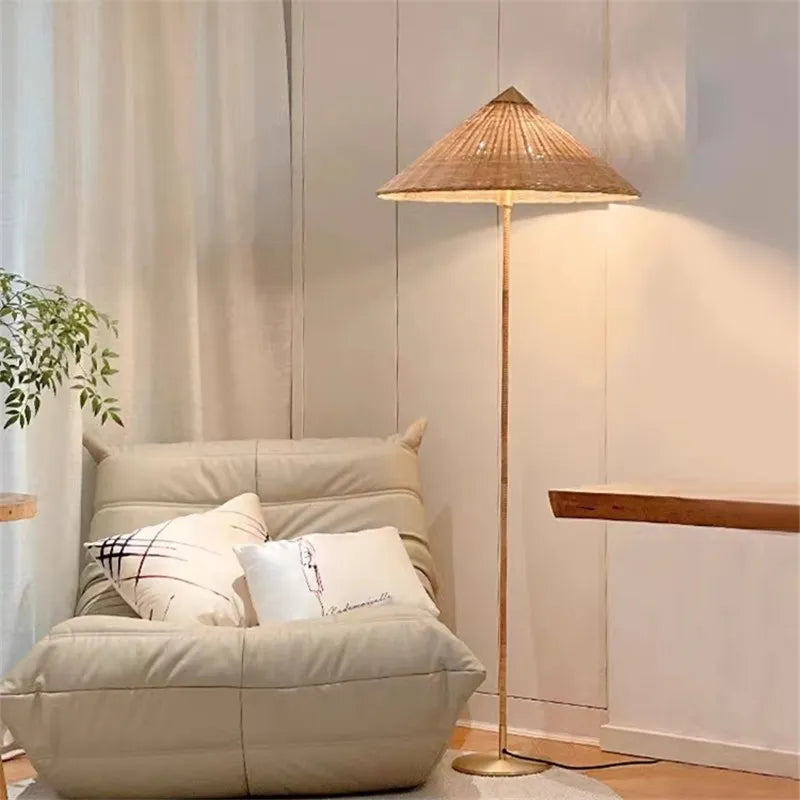 lampadaire bois tissé vintage salon chambre chevet maison décor
