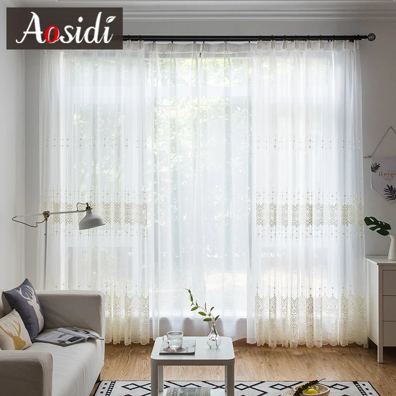 Voilage brodé tulle transparent style moderne salon chambre