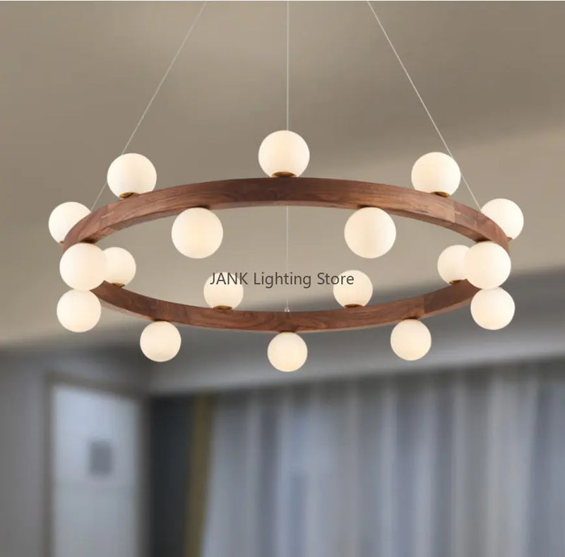 lustre en bois massif avec boule de verre blanc et éclairage intérieur