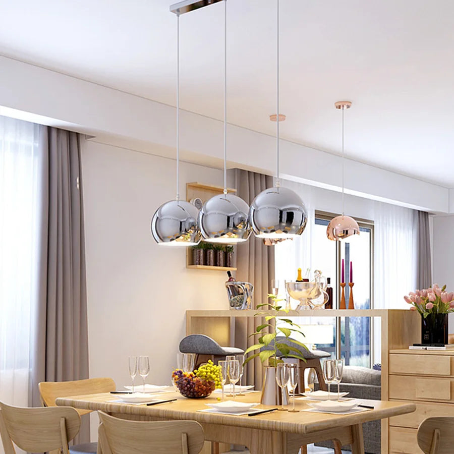 Plaqué nordique argent Globe boule miroir lampes suspendues E27 fer lampe suspendue de luxe en laiton argenté Art cuisine hôtel suspension lampe - vue 6 sur 13