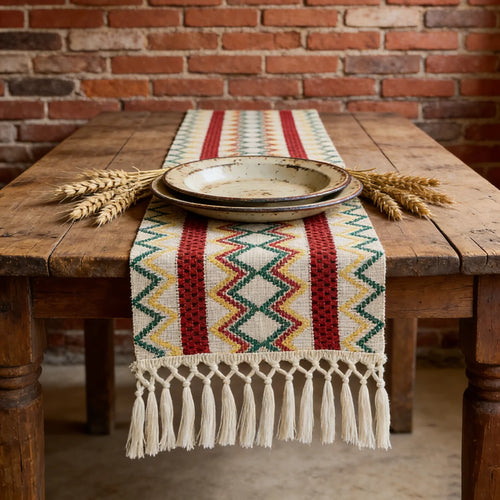 Chemin de table bohème motif aztèque à pompons