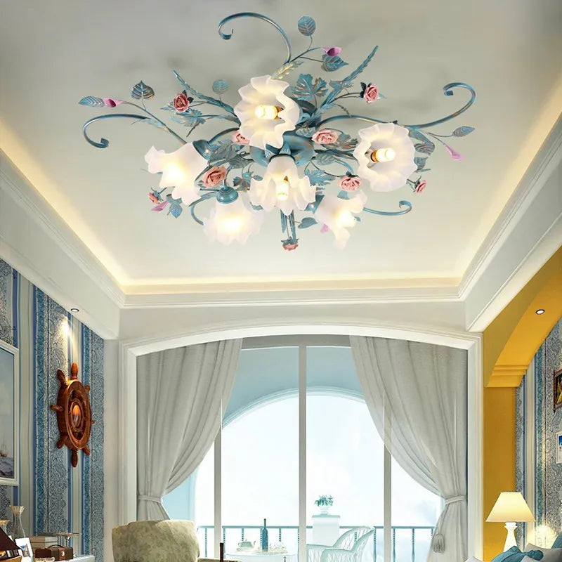 Romantique Chaud Fleur Plafonniers Fer Princesse Chambre Lampe Fille Salle De Mariage Luminaires Plafonniers Suspendus Pour La Maison Chambre