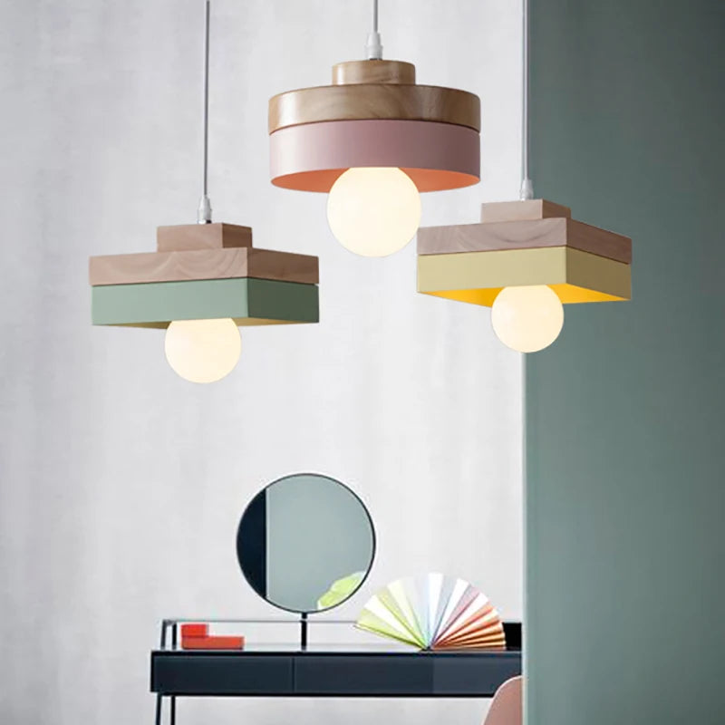 Nordique LED suspension en bois fer 18CM carré salon luminaire suspendu pour chambre salle à manger étude décor à la maison Luminaires - vue 6 sur 18