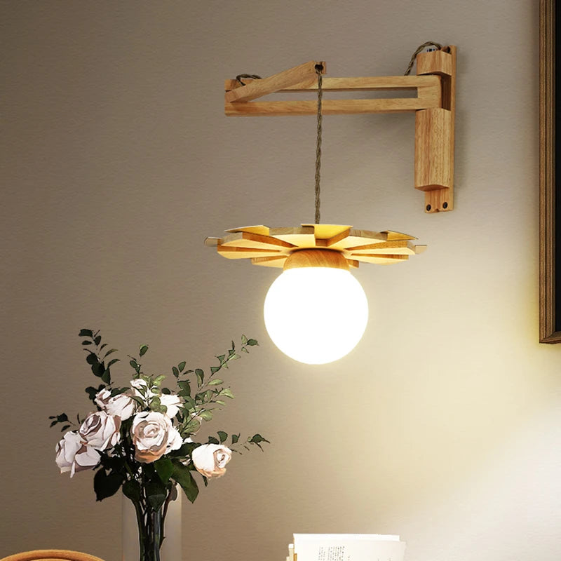 Applique murale suspendue en bois nordique avec bras oscillant applique murale LED pour chevet salon étude couloir abat-jour en verre blanc laiteux - vue 4 sur 7