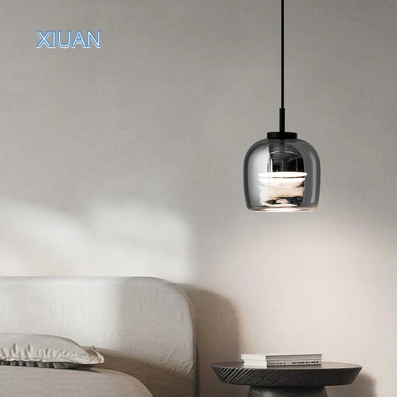 XIUAN Suspension en verre simple pour luminaires de chevet de chambre à coucher Éclairage de lustre en verre gris fumé dans le salon salle à manger - vue 4 sur 8