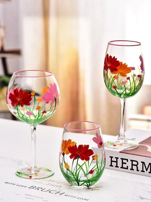 Verres vin hauts floraux faits main lot 3