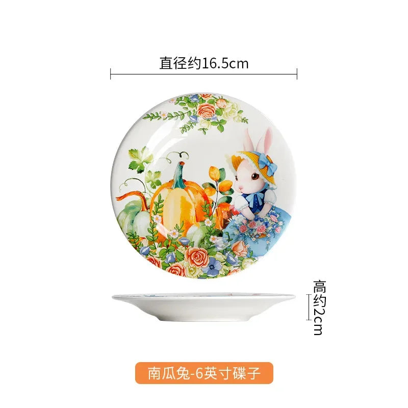 Assiette ceramique motif citrouille et lapin style jardin