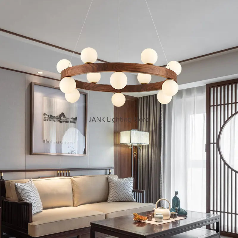 lustre en bois massif avec boule de verre blanc et éclairage intérieur