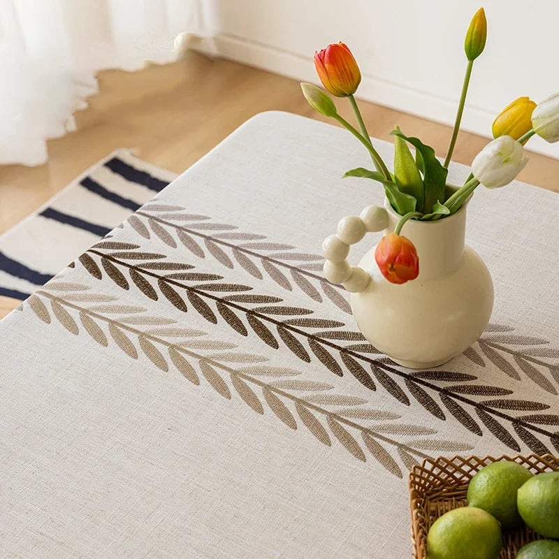 Nappe rustique brodée motif feuilles de café imperméable