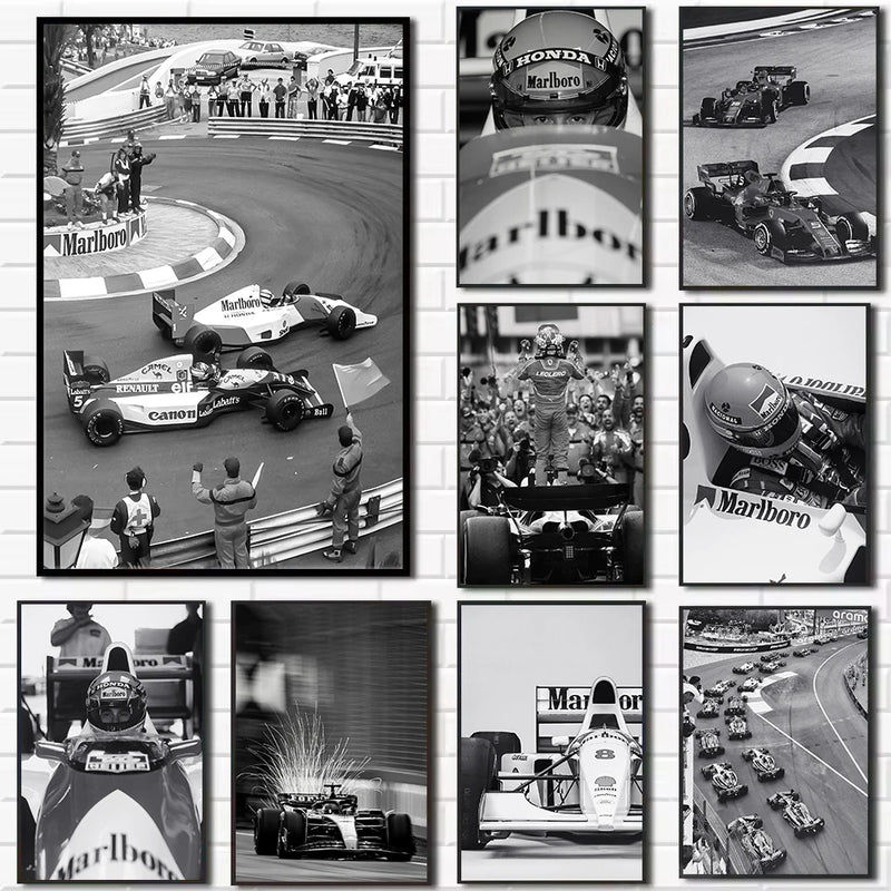 affiche vintage personnages de voitures de sport F1 en noir et blanc