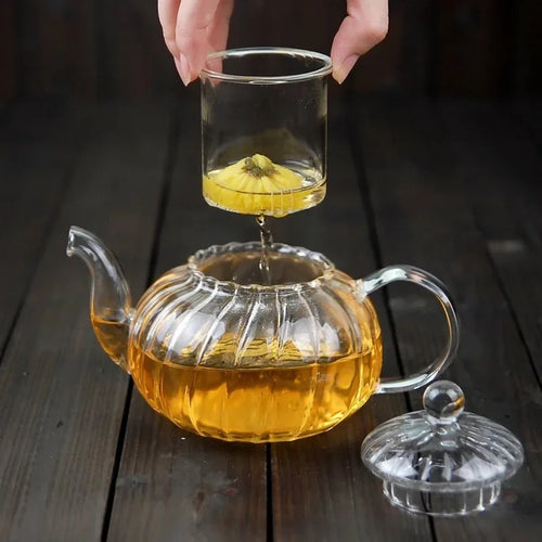 Théière citrouille fleurie rayée verre avec infuseur