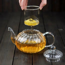 Théière citrouille fleurie rayée verre avec infuseur