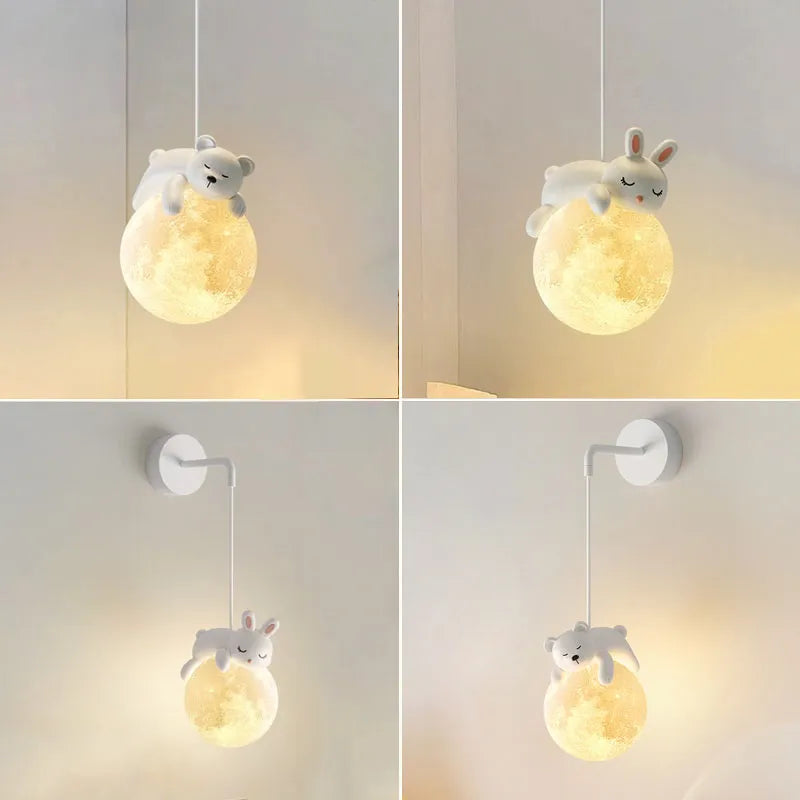 Suspension ours chevet enfant 3d lune lapin blanc veilleuse - vue 2 sur 10