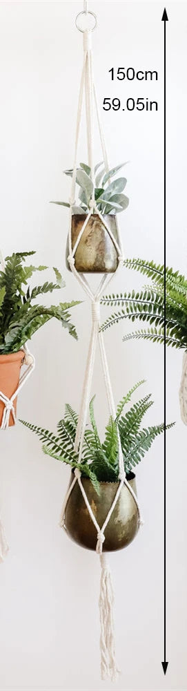 support de plante en macramé suspendu fait main en coton naturel - vue 10 sur 23