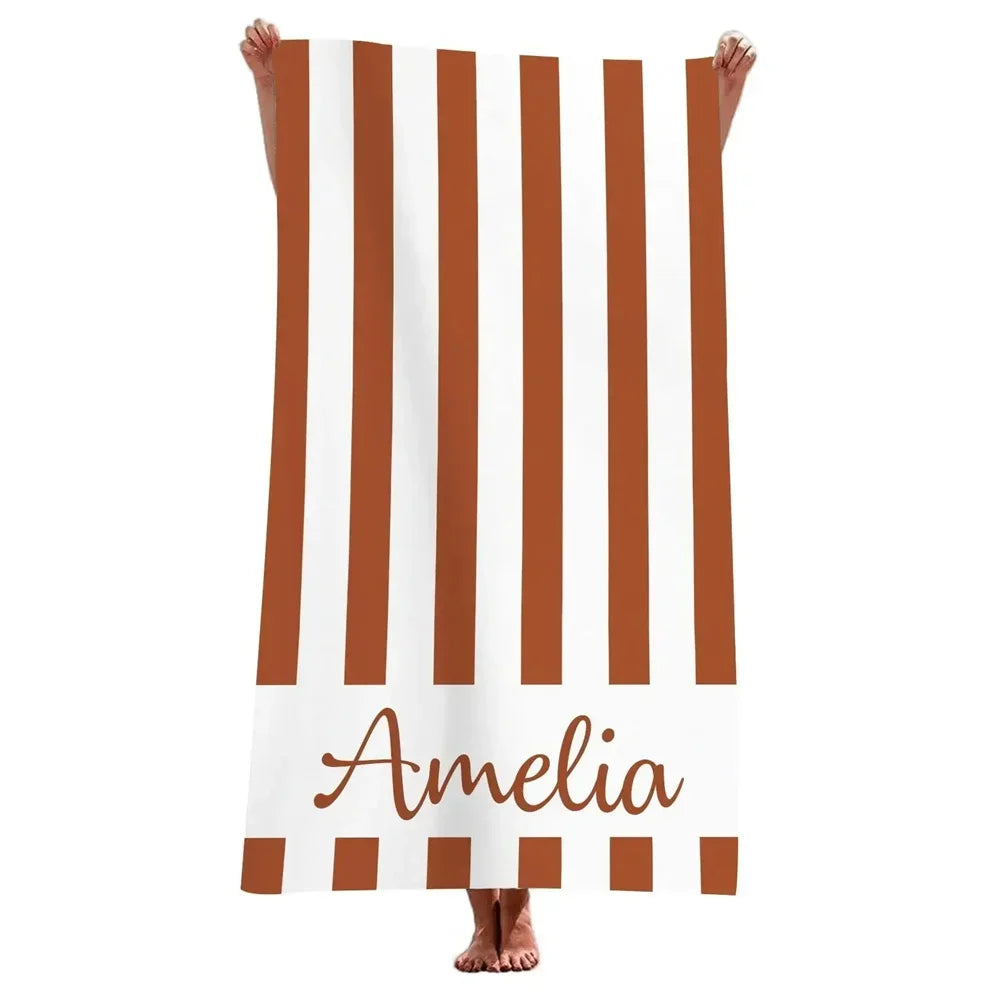 serviette de plage personnalisee rayures microfibre avec prenom