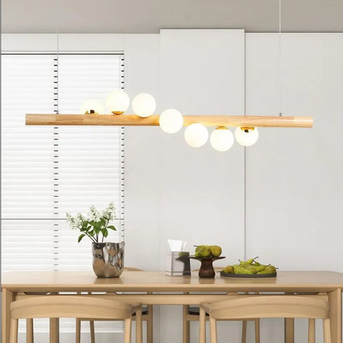 Lustre suspendu en bois massif avec boules de verre blanc lait
