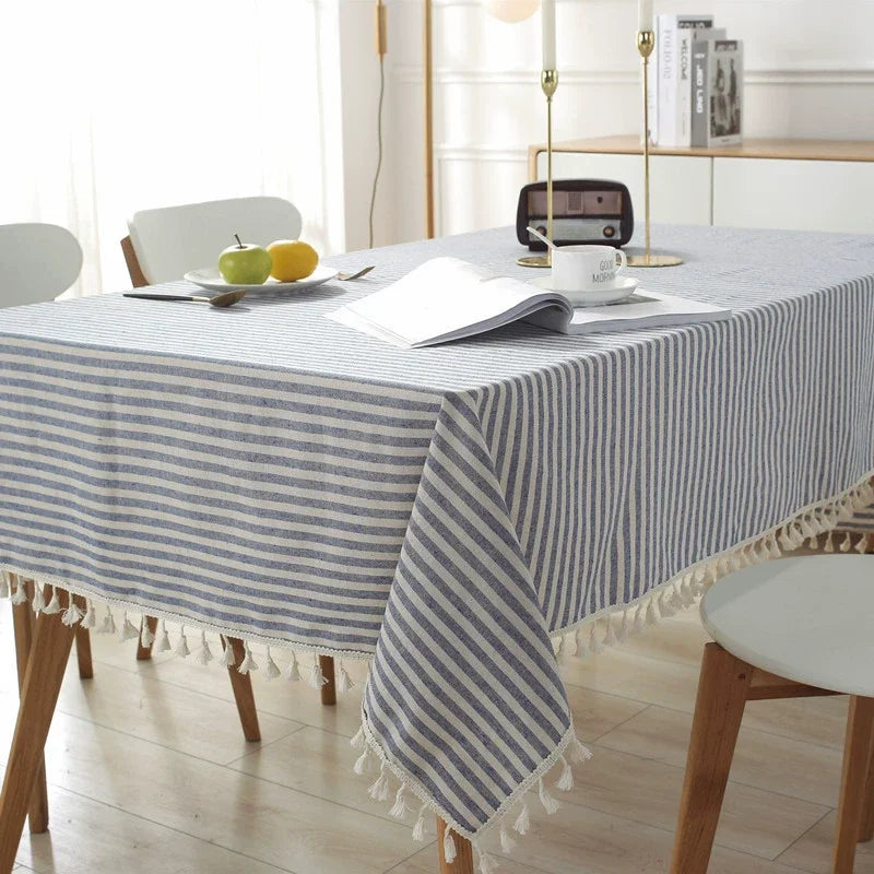 Nappe coton lin rayures pompons style moderne table
