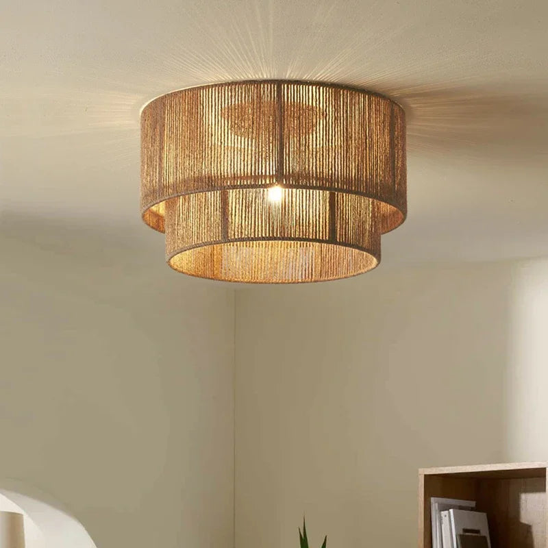 lustre style japonais en rotin et corde de chanvre nordique vintage