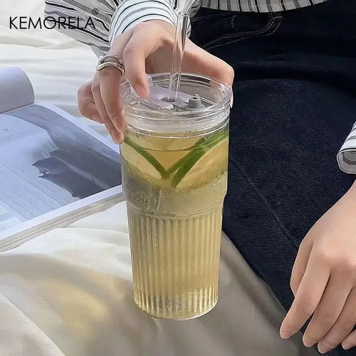Gobelet verre rayé 600 ml avec couvercle paille