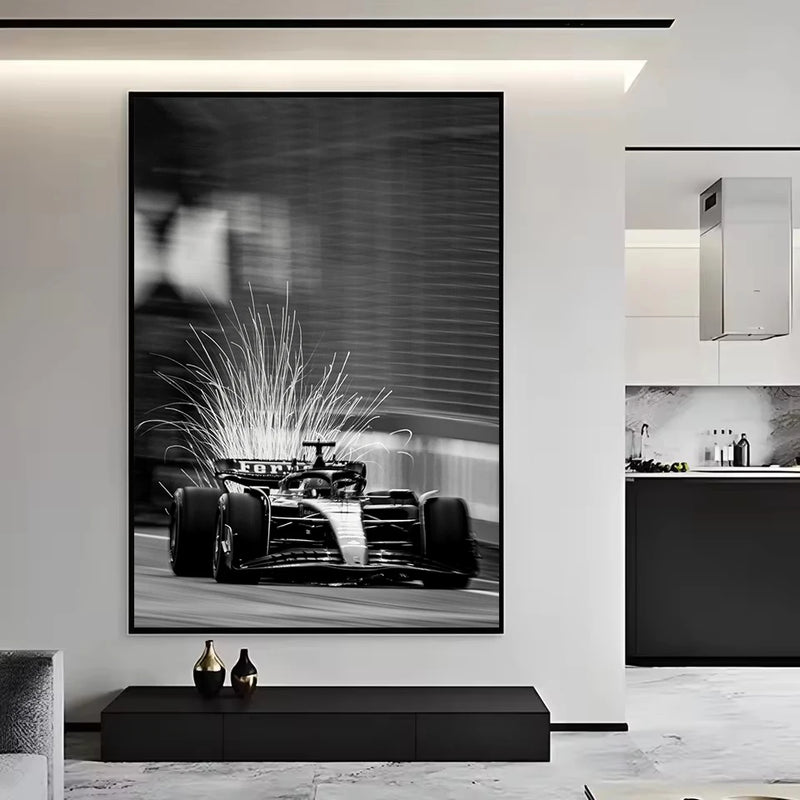 affiche vintage personnages de voitures de sport F1 en noir et blanc