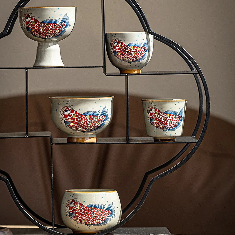 tasse thé céramique style chinois motif arowana coffret - vue 5 sur 7