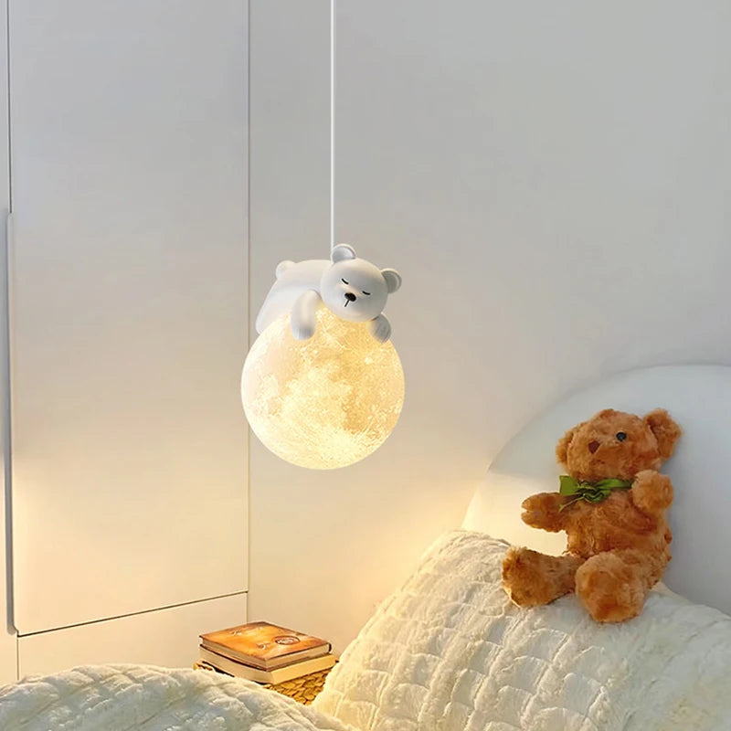 Suspension ours chevet enfant 3d lune lapin blanc veilleuse - vue 3 sur 10