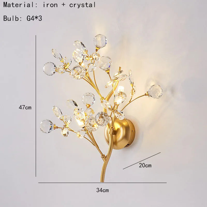 applique murale en cristal avec branches de fleurs romantiques en métal