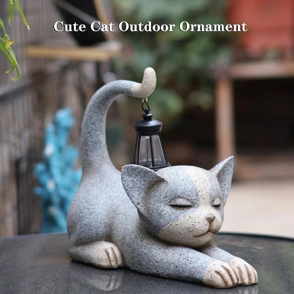 statue de jardin chat avec lanterne solaire décorative pour extérieur - vue 4 sur 8