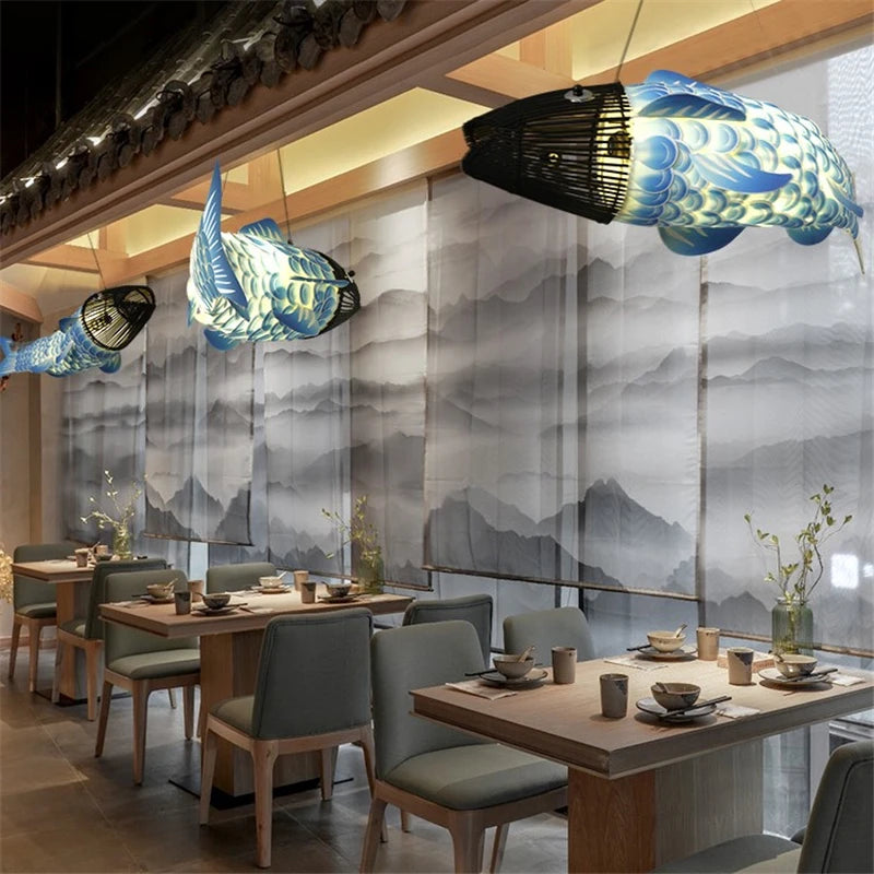 suspension Moderne en bois gros poisson lumières style chinois bambou créatif restaurant
