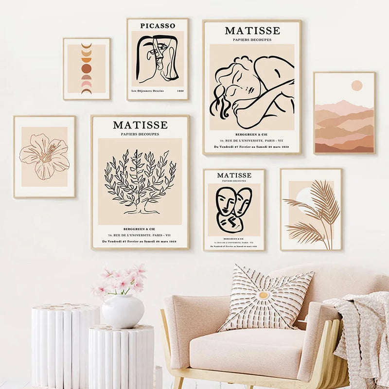 art mural boho feuillage lune peinture abstraite pour décoration intérieure