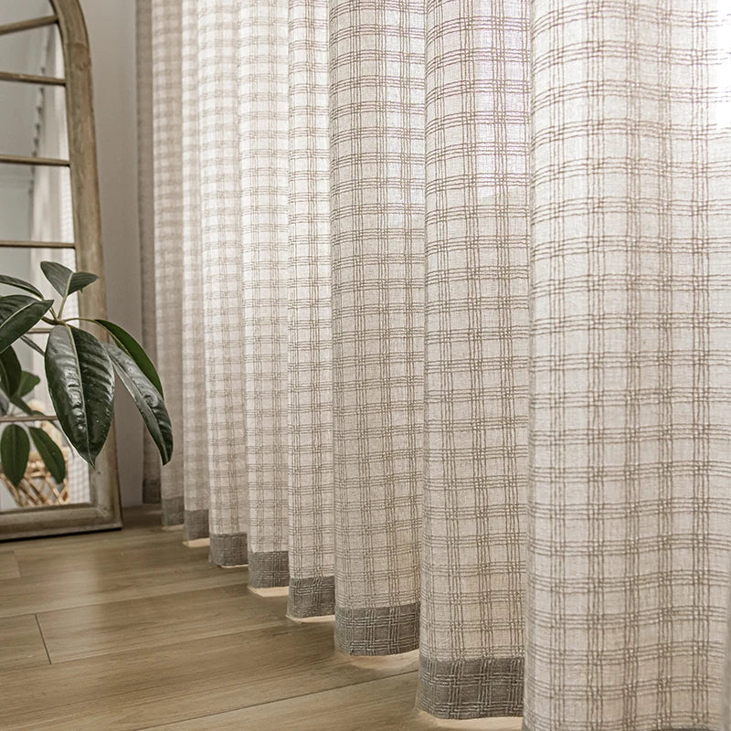 Voilage aspect lin a carreaux pour fenetre salon