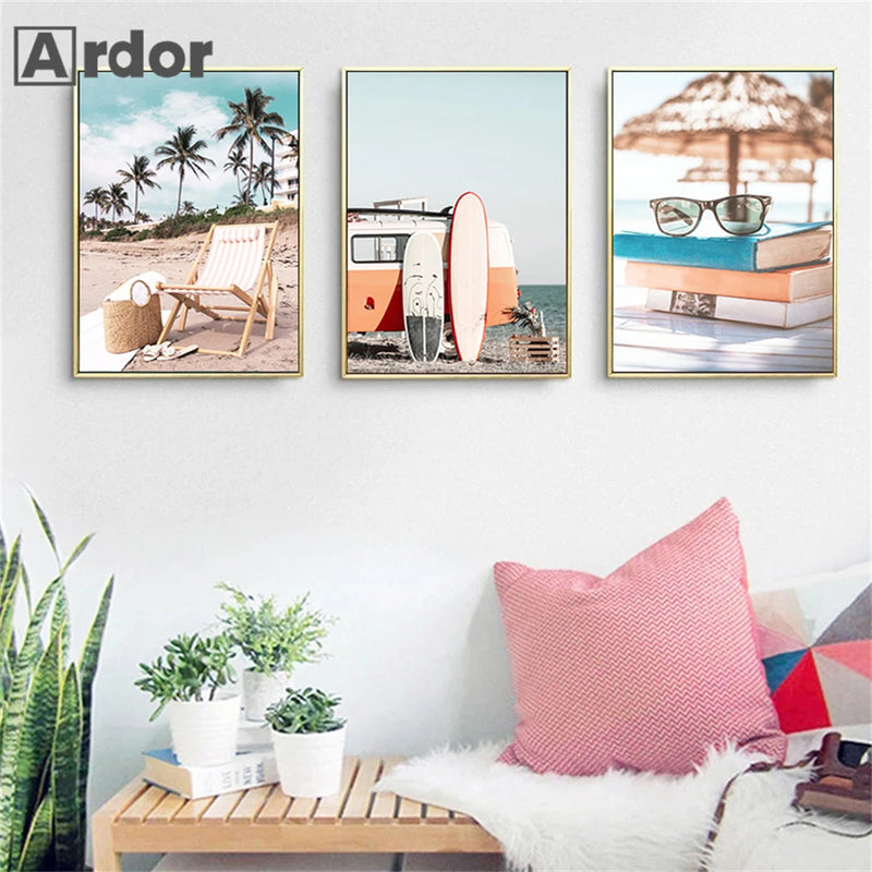 affiche de lever de soleil sur plage et vagues modernes