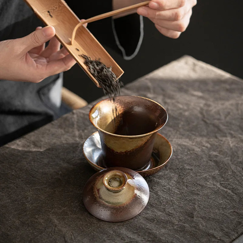 Theiere ceramique style chinois retro bol couvercle artisanal - vue 5 sur 6