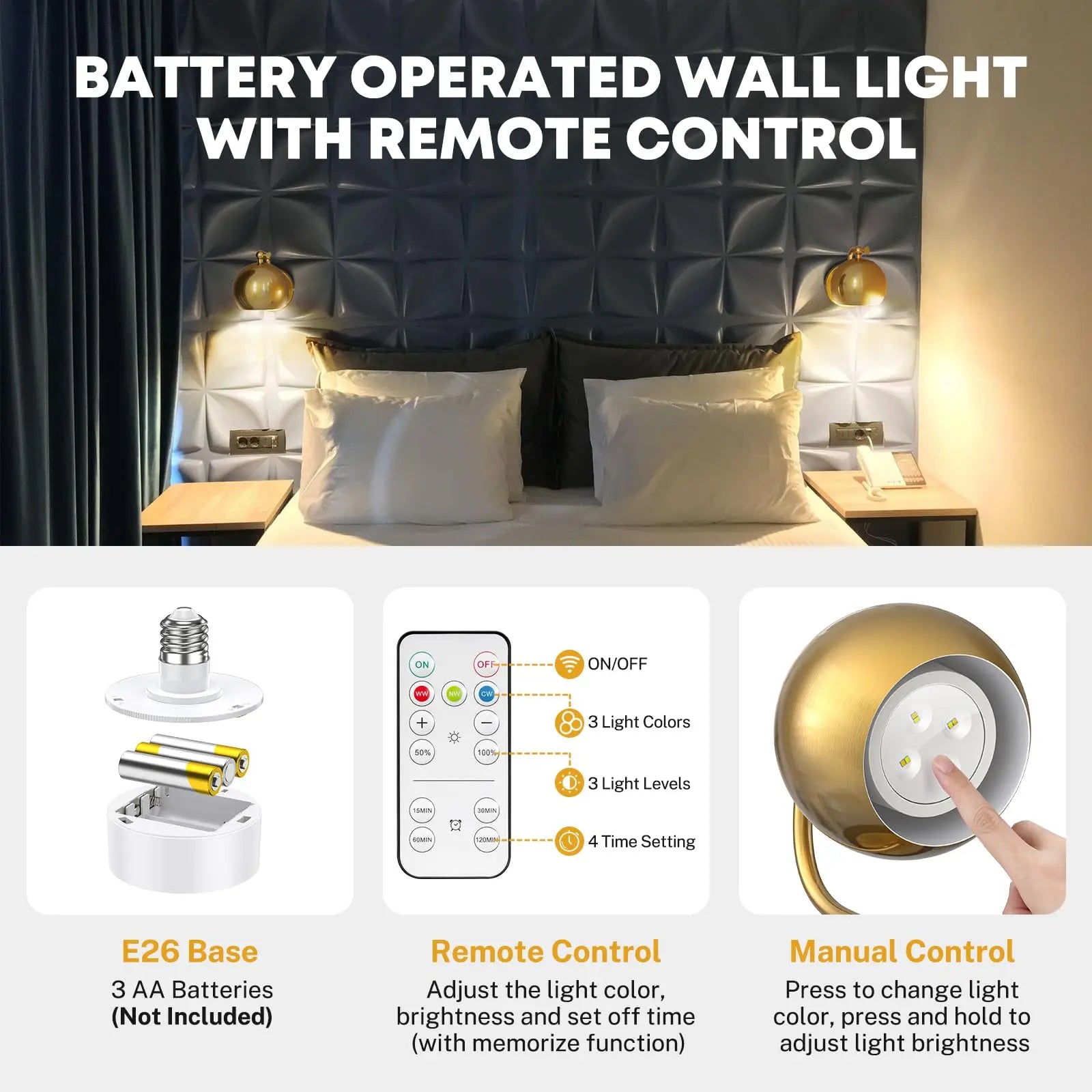 Gold Wall Sconces Battery Operated, Not Hardwired Dimmable, Battery Wall Sconce Wireless Wall Lamp for Bedroom, Bulb Included - vue 6 sur 7