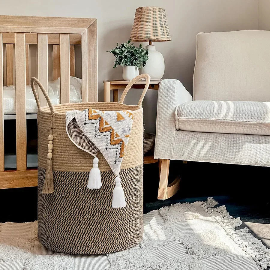 grand panier de rangement tissé avec poignées en coton pliable - vue 6 sur 9