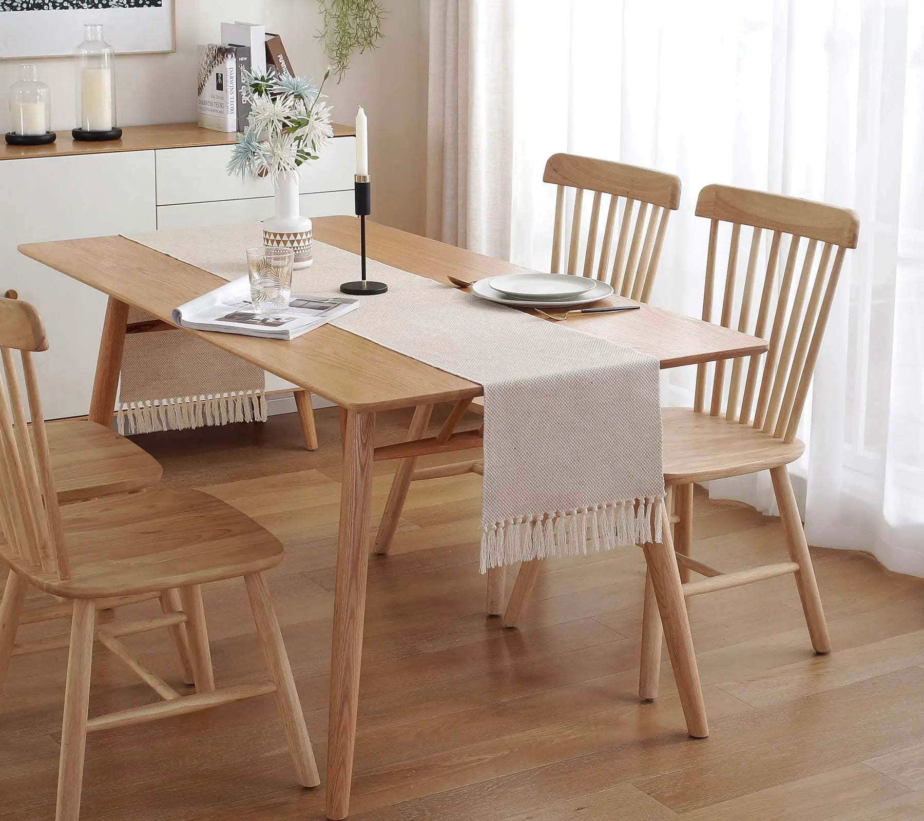 Chemin de table lin rustique brodé beige campagne - vue 5 sur 7