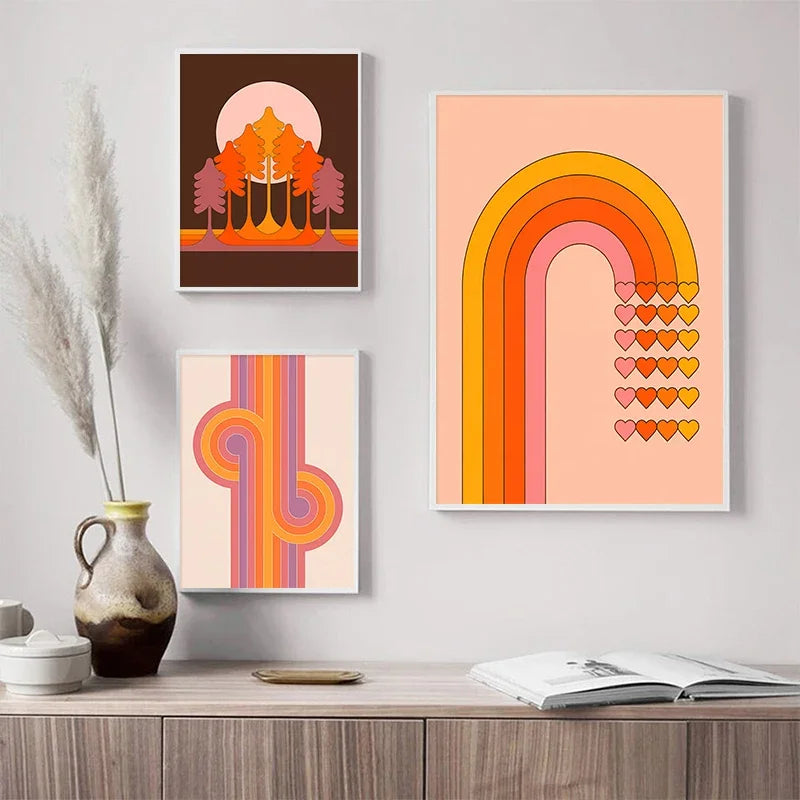 impressions d'art rétro coucher de soleil fleurs papillon décor mural boho