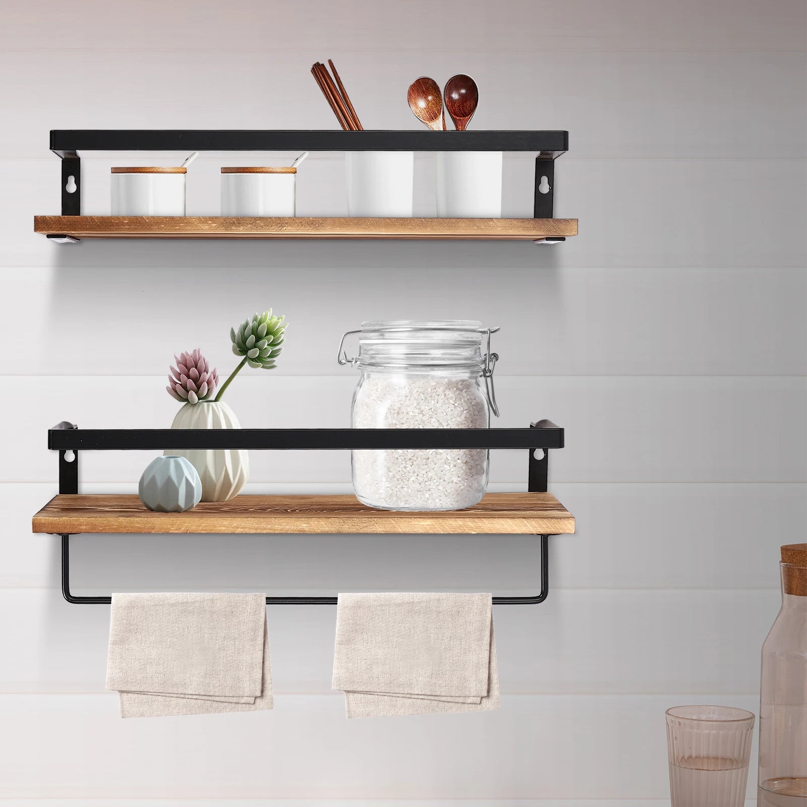 etagère murale en bois avec barre porte-serviettes pour rangement pratique - vue 4 sur 7