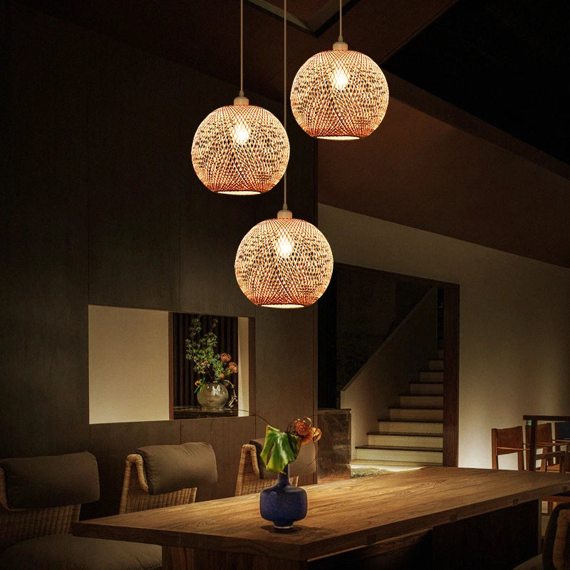 lustre moderne nordique en bambou tissé à la main led