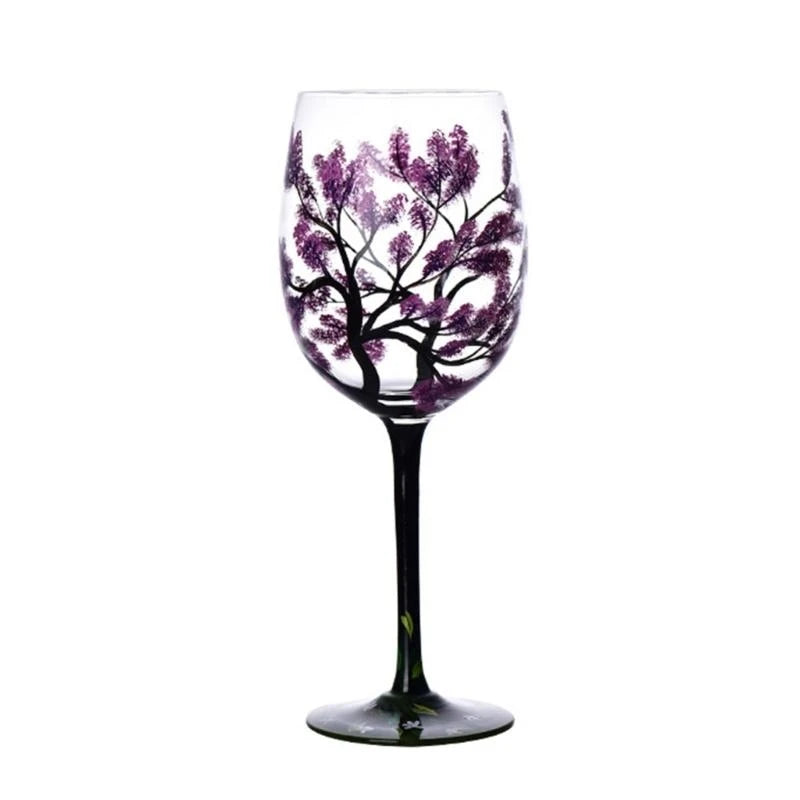 Verre à vin arbre quatre saisons peint main - vue 2 sur 7