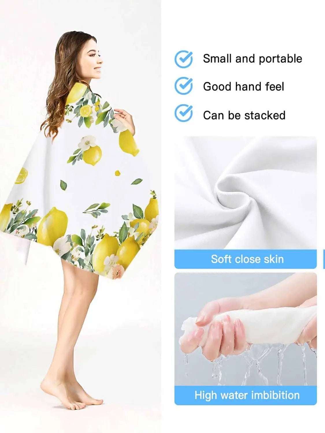 Serviette de bain microfibre motif citron floral plage - vue 3 sur 6
