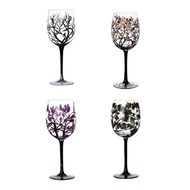 Verre à vin arbre quatre saisons peint main - vue 6 sur 7