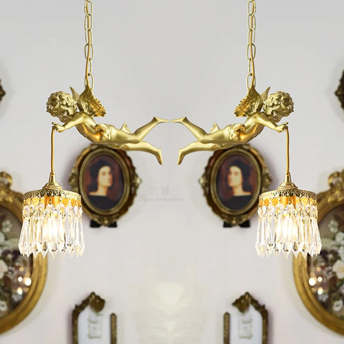 lustre moderne led avec ange en cristal médiéval bronze