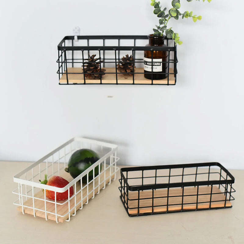 panier de rangement suspendu en métal et bois pour cosmétiques